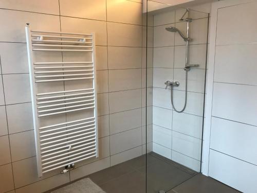 baño con ducha y puerta de cristal en Haus Ramsauer, en Werfenweng