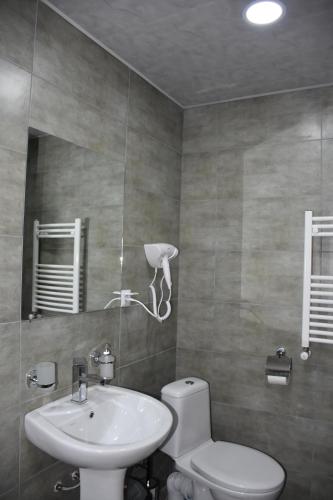 a bathroom with a white toilet and a sink at Nikala's house in Borjomi