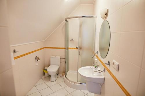 a bathroom with a shower and a toilet and a sink at Zielony Zakątek in Ostrołęka