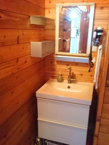 a bathroom with a sink and a mirror at Private Beach House in Motobu