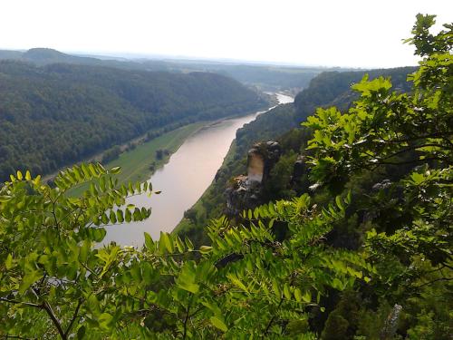 a view of a river from a hill with trees at Jiřetínská chaloupka in Jiřetín pod Jedlovou