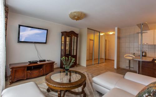 a living room with a couch and a table and a tv at Violetos Lux Apartamentai in Druskininkai