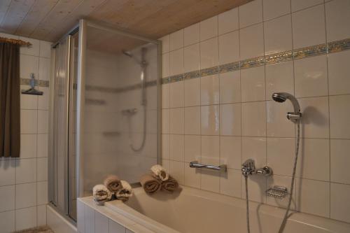 a bathroom with a shower and a tub at Apartments Hänsler in Mellau