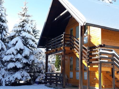 a log cabin in the snow with a christmas tree at Apartments Zlatibor's Peace in Zlatibor