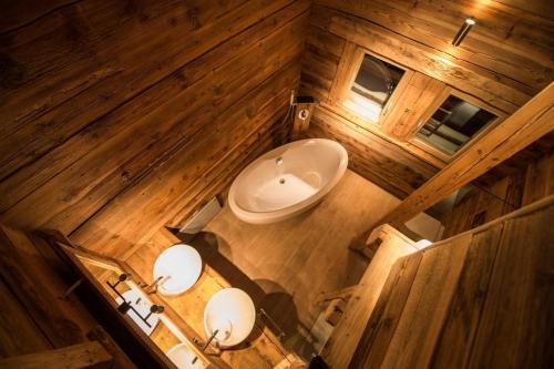 an overhead view of a bathroom with a toilet and a sink at Les Mazots de la Source & Spa in Vercorin