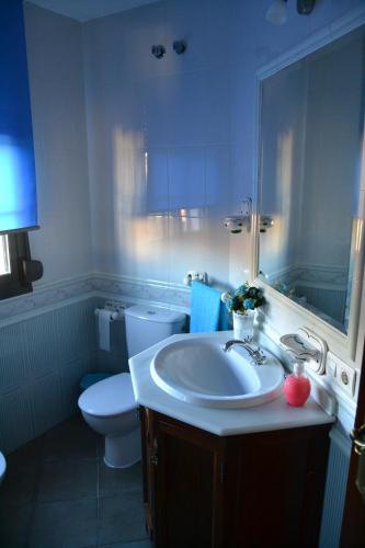 a bathroom with a sink and a toilet and a mirror at Casa Rural Miradas De Aracena in Aracena