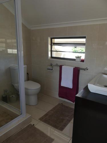 a bathroom with a toilet and a sink and a window at Rose and Ale Self Catering Units in Gonubie