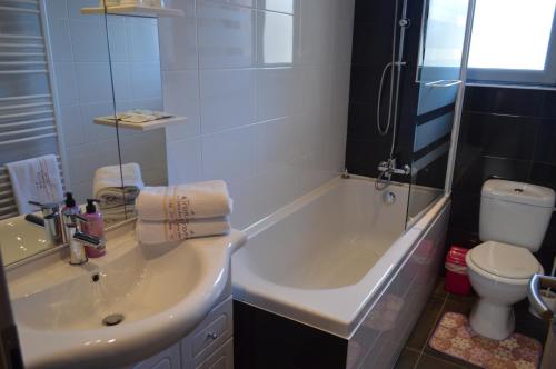 Un baño con lavabo, bañera e inodoro. en Appartement Timgad, en Gérardmer