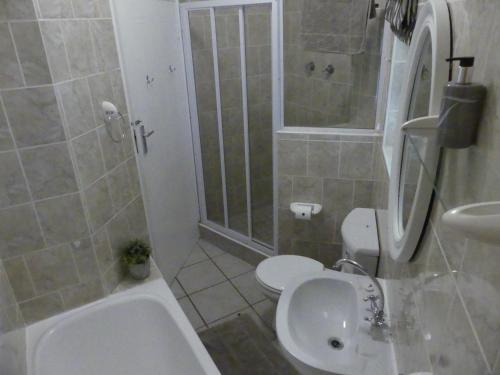 a bathroom with a toilet and a sink and a shower at Rose and Ale Self Catering Units in Gonubie