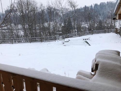 a yard covered in snow with a fence at ГУЦУЛЬСЬКА ХАТА in Yasinya