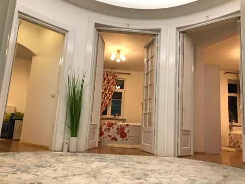 una habitación con dos puertas y una planta en el medio en VICTORIA LUXURY APARTMENT en Bucarest