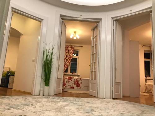 a room with two doors and a plant in the middle at VICTORIA LUXURY APARTMENT in Bucharest
