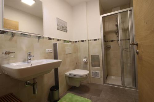 a bathroom with a sink and a toilet and a shower at Apart Melanie in Zell am Ziller