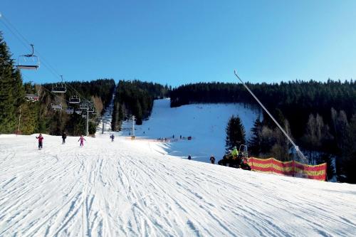 a group of people skiing down a snow covered slope at Holiday Home Smržovka in Smržovka