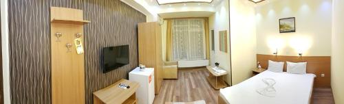 コンスタンツァにあるVila Il Castelloのベッド1台とテレビが備わる小さな客室です。