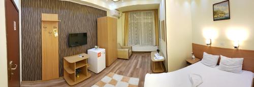 コンスタンツァにあるVila Il Castelloのベッドとテレビが備わるホテルルームです。