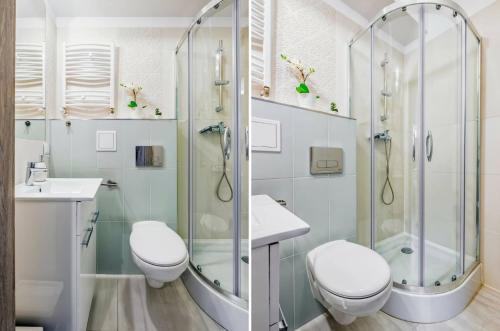 a bathroom with a shower and a toilet and a sink at Apartamenty Novomiejska 17 in Lublin
