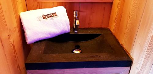 a bathroom with a sink with a towel on it at La Bergerie de Louvie in Louvie-Soubiron