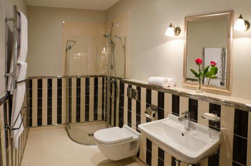 y baño con aseo, lavabo y ducha. en Ursula Royal Apartments, en Druskininkai