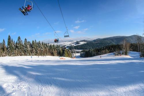 a person on a ski lift in the snow at Jeongseon Mayhills Resort in Jeongseon