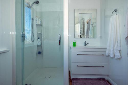 baño blanco con ducha y lavamanos en The Sanctuary Beach Side and Spa, en Timaru