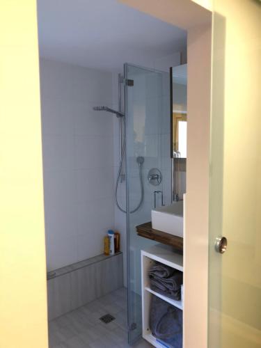 a bathroom with a shower and a sink at Klösterle 72 -Annas Lodge in Klösterle am Arlberg