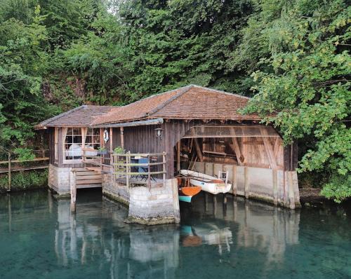 a house on the water in the middle of a river at Lake Villa Lotus in Luzern