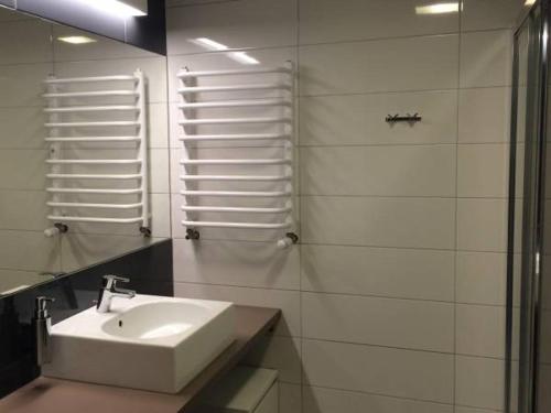 W białej łazience znajduje się umywalka i lustro. w obiekcie Apartament Czarna Góra w mieście Sienna