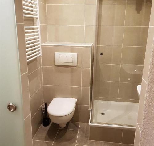 y baño pequeño con aseo y ducha. en Berghof Appartement Top 22, en Ellmau