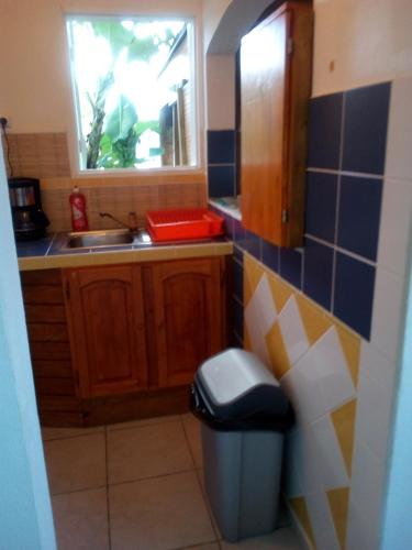 a small kitchen with a sink and a trash can at Très belle location touristique in Sainte-Anne