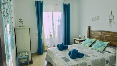 コラレホにあるFuertelena Corralejo Mandala Apartmentのベッドルーム1室(青い枕のベッド1台、窓付)