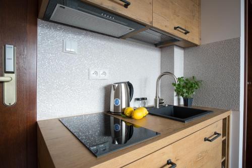 a kitchen with a sink and a coffee maker at Apartamenty Ciche Wzgórze Zakopane in Zakopane