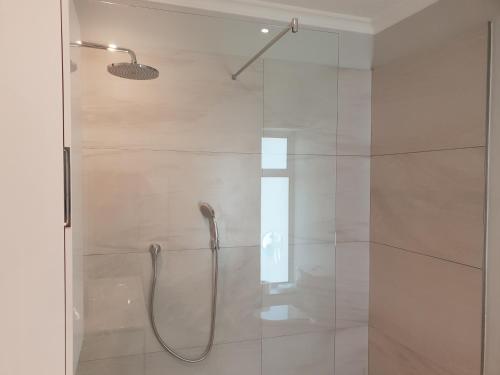 una ducha con puerta de cristal en un baño en Villa Karibu, en Tokai