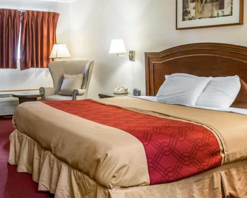 a hotel room with a large bed and a chair at Econo Lodge in Holland