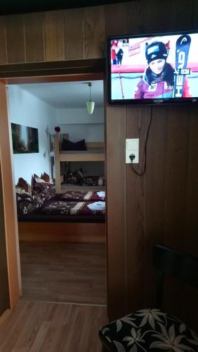 Pokój z łóżkiem i telewizorem z płaskim ekranem w obiekcie Haus Wastl w mieście Rußbach am Paß Gschütt