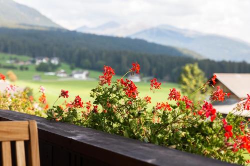 a garden with red flowers on a wooden fence at Marenklhof in Tesido