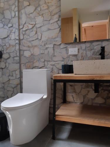 a bathroom with a toilet and a stone wall at La Quinta Glamping - Lago de Tota in Cuítiva