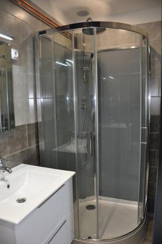 eine Dusche mit Glastür neben einem Waschbecken in der Unterkunft studio vic 2.0 in Vic-sur-Cère