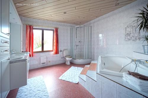 uma casa de banho branca com uma banheira e um WC em Le Régina em Stavelot