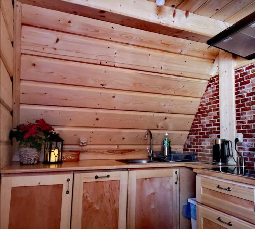 a kitchen with wooden walls and a counter with a sink at Pokoje goscinne u Jozka in Chochołów