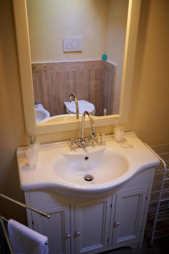 a bathroom with a sink and a mirror at Chalet Vecchio Rifugio - Monte Amiata in Castel del Piano