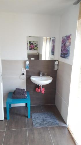 a bathroom with a sink and a table in it at Haus am Prekkesee in Xanten