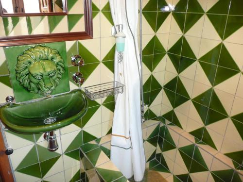 baño con lavabo verde con cabeza de león en la pared en CAN TRAVÉ, en Crespiá