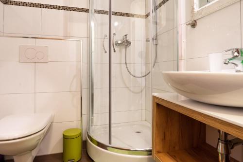 a bathroom with a shower and a sink and a toilet at Appartements-Dalila in Sankt Michael im Lungau
