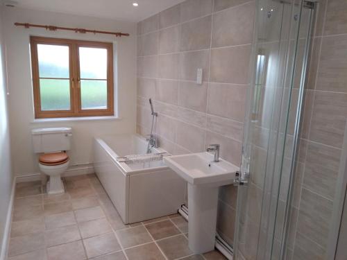 uma casa de banho com um lavatório, uma banheira e um WC. em Llinos Cottage em Beaumaris