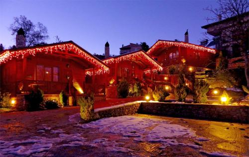 a house with christmas lights on the roof at 4epoxesxenonas in Synikia Mesi Trikalon