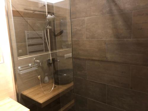 a shower with a glass door in a bathroom at Lachtalchalet in Oberwölz Stadt