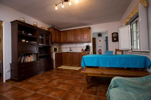 a kitchen with wooden cabinets and a blue table at Tapada da Beirã in Marvão