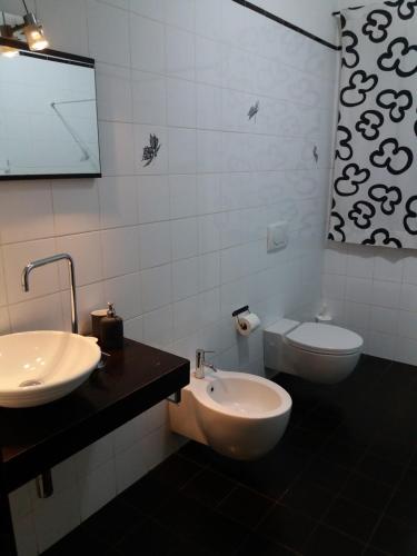 La salle de bains est pourvue d'un lavabo, de toilettes et d'un miroir. dans l'établissement Casa Camilla, à Viareggio
