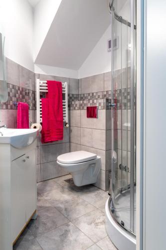 a bathroom with a toilet and a sink and a shower at Apartmani Dalmacjia in Grebaštica